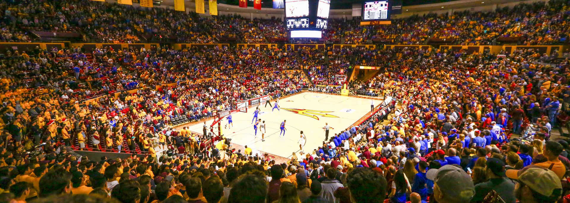 Zoomed out image of Desert Financial arena with men's basketball game