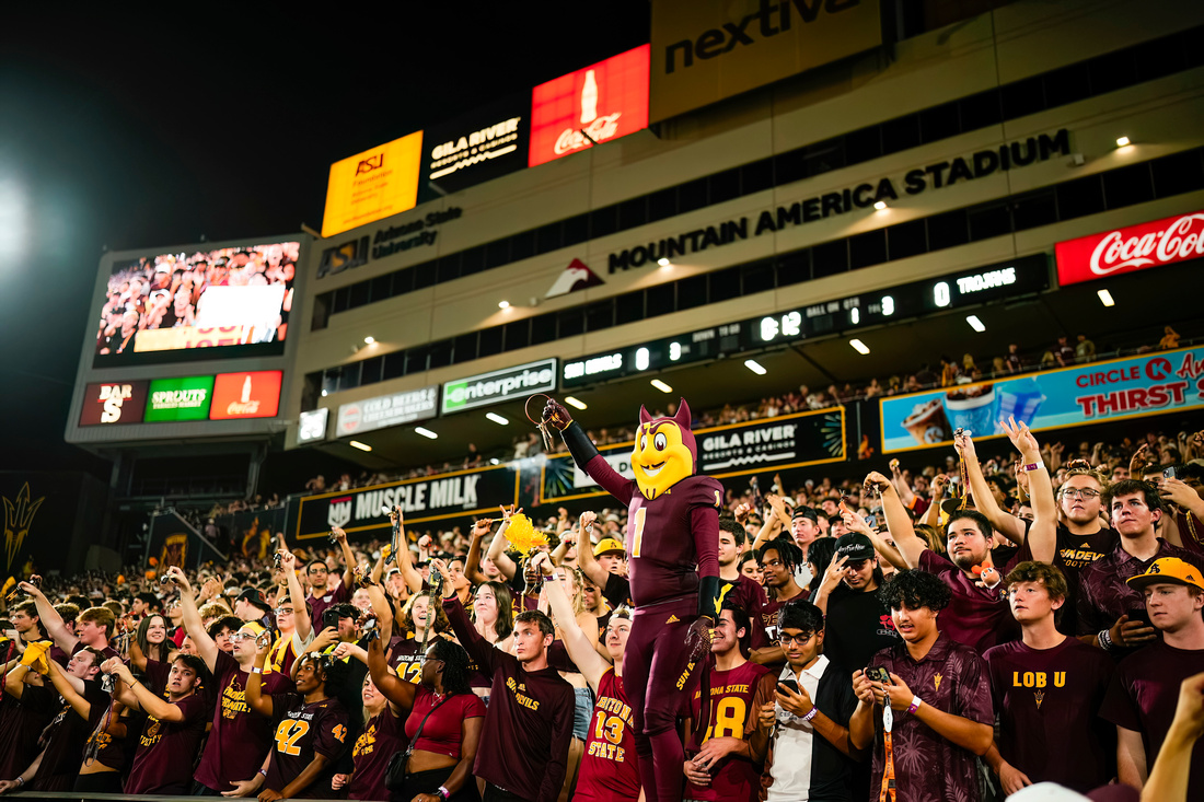 People in stadium with Sparky cheering