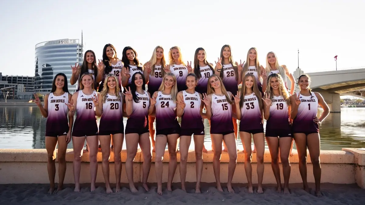 The 2025 beach volleyball team posing together in front of Tempe Town Lake. The 2025 beach volleyball team posing together in front of Tempe Town Lake.