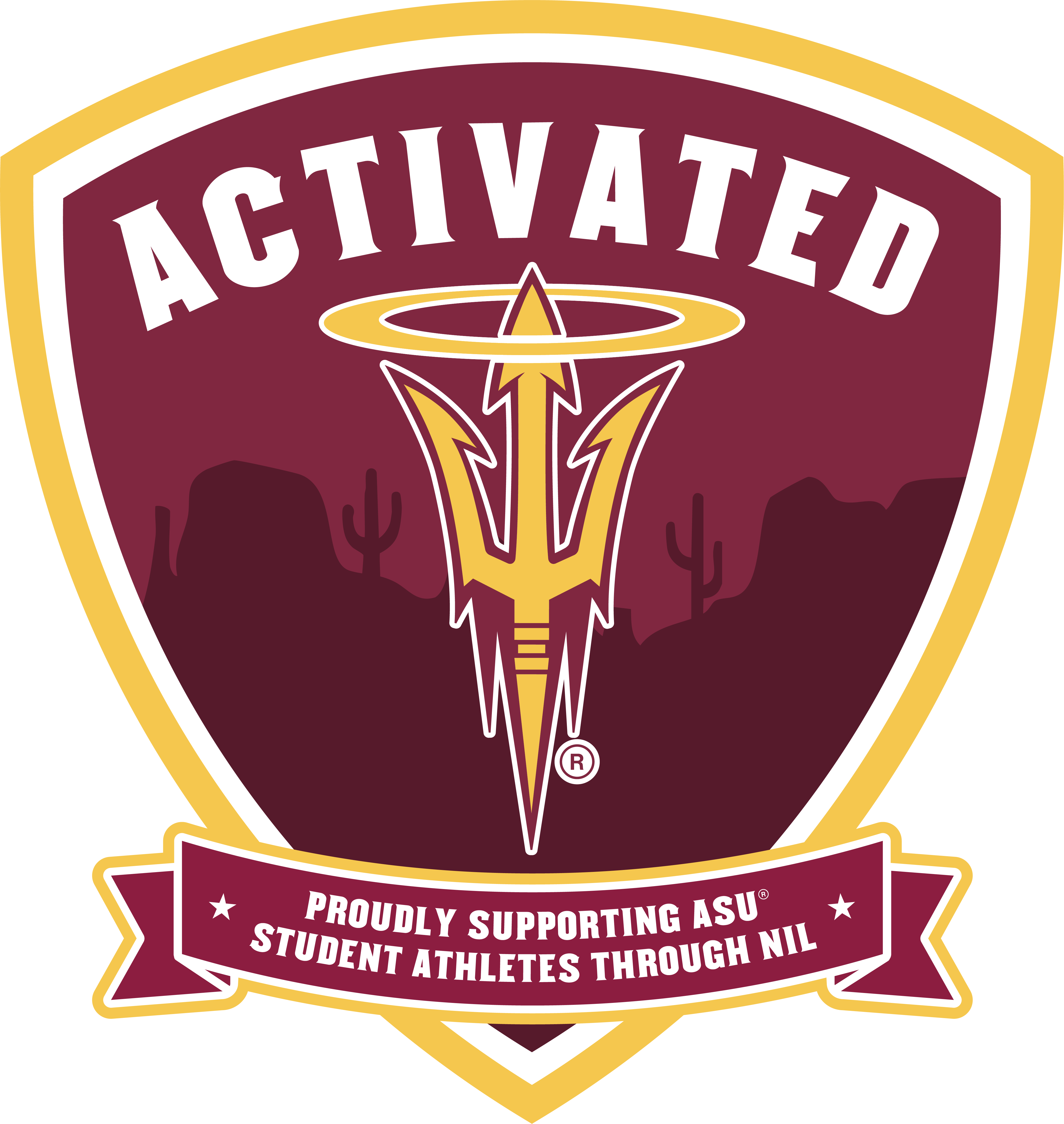 Shield-shaped badge with the word Activated above the Sun Angel Collective pitchfork logo, which has a gold halo above it. A maroon banner at the bottom reads “Proudly supporting ASU student athletes through NIL,” with a desert background and cacti silhouettes.