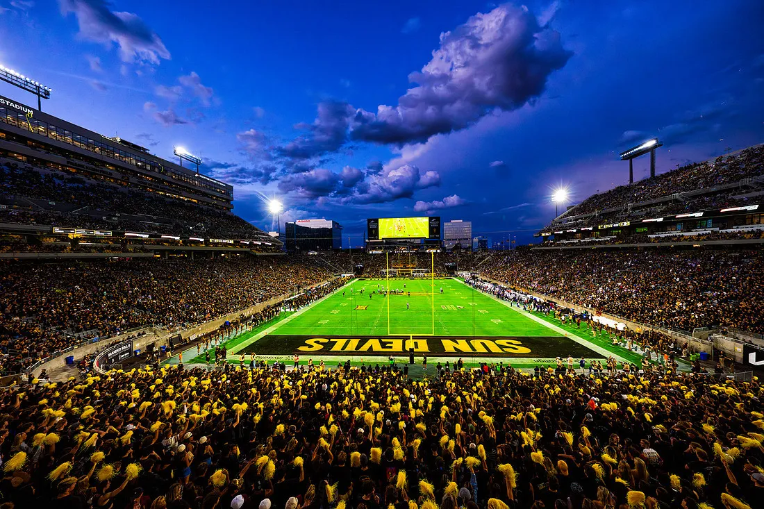Mountain America Stadium at night