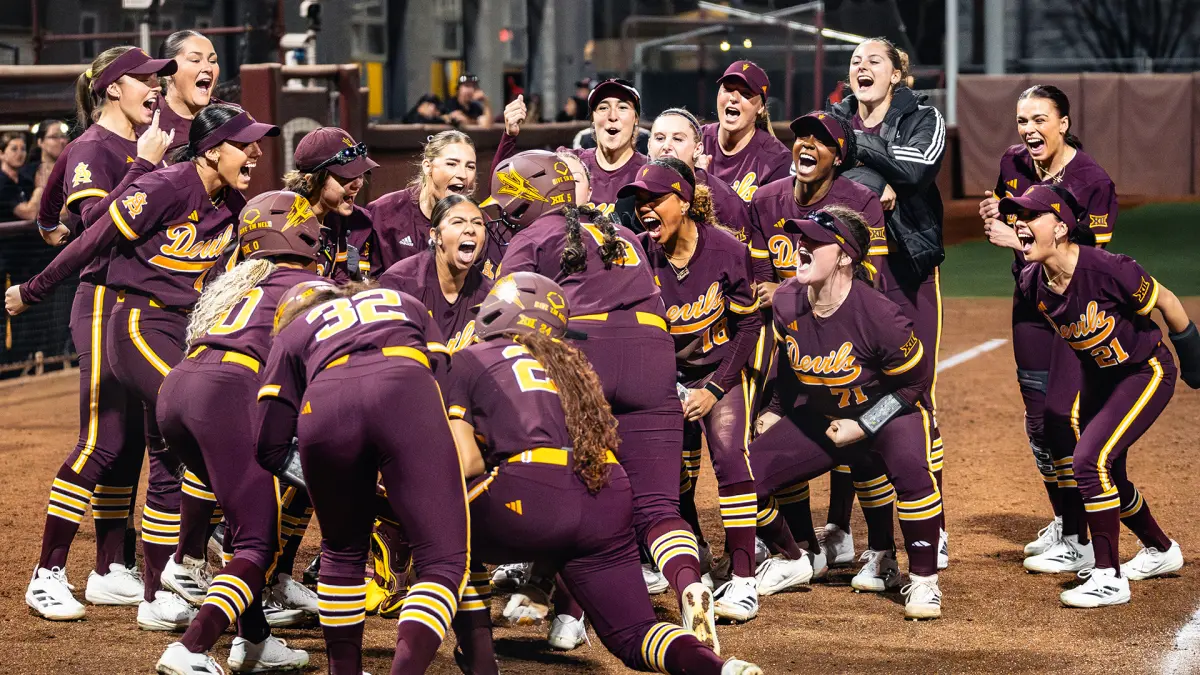 Sun Devil Softball celebrates after AJ Murphy homers against Miami Sun Devil Softball celebrates after AJ Murphy homers against Miami