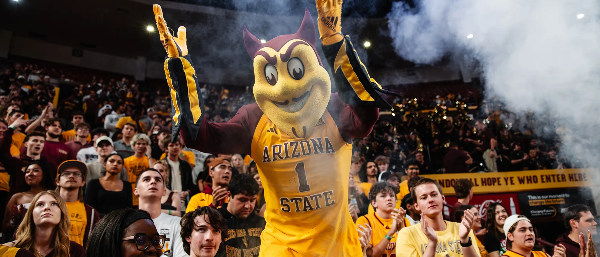 Sparky with basketball fans