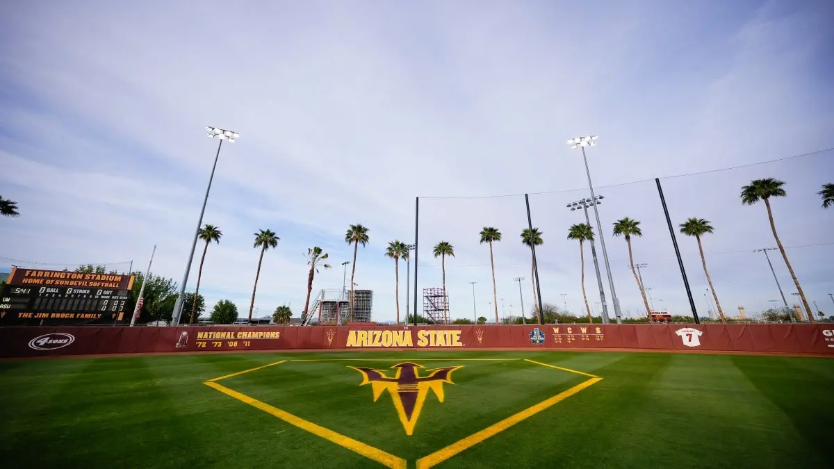 ASU softball stadium with pitchfork painted on field ASU softball stadium with pitchfork painted on field