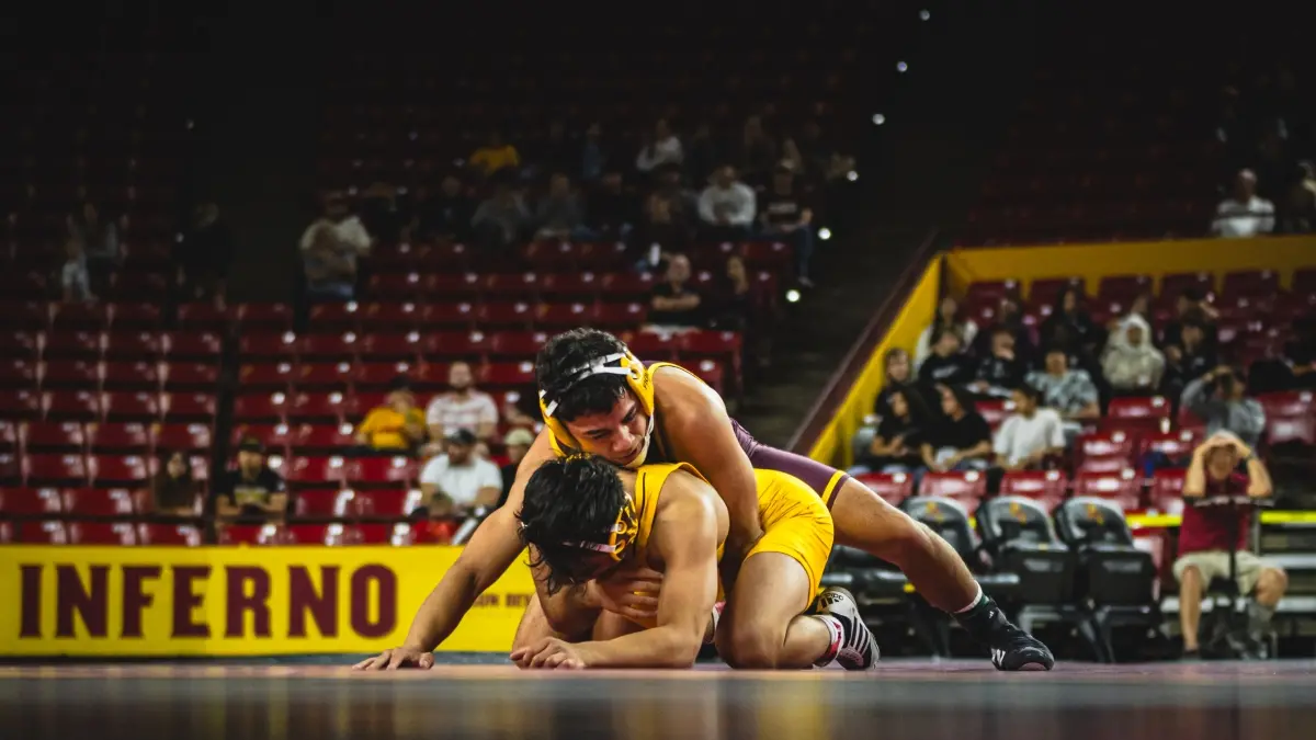 Richard Figueroa wrestles during the team&#039;s Maroon and Gold scrimmage on Friday, Nov. 1 in Desert Financial Arena