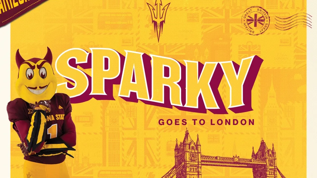 Spark the Sun Devil next to an illustration of the London Bridge
