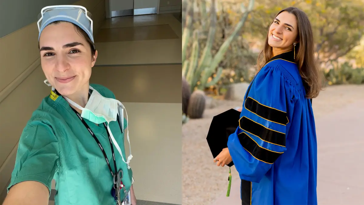 Casey Martinez in her surgical scrubs and her graduation robes