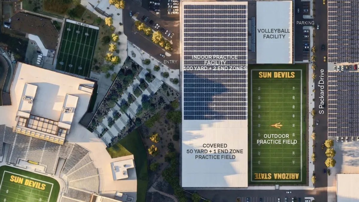 Aerial view of Sun Devil Stadium with a rendering of where new practice facilities will be to the east of it