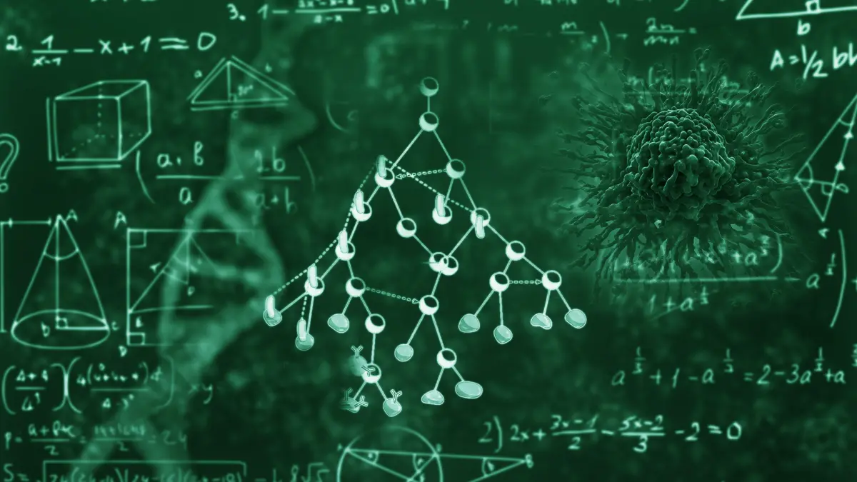 Illustration of a collage of sketches including one of cancer molecules and one of geometric shapes on top of a dark green background. Illustration of a collage of sketches including one of cancer molecules and one of geometric shapes on top of a dark green background.