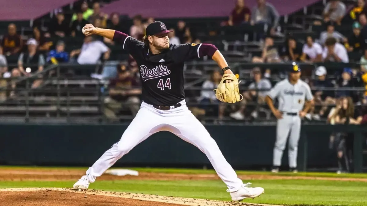 Image from ASU News baseball player pitching ball