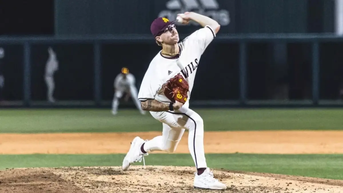 Image from ASU News baseball player throwing ball during game