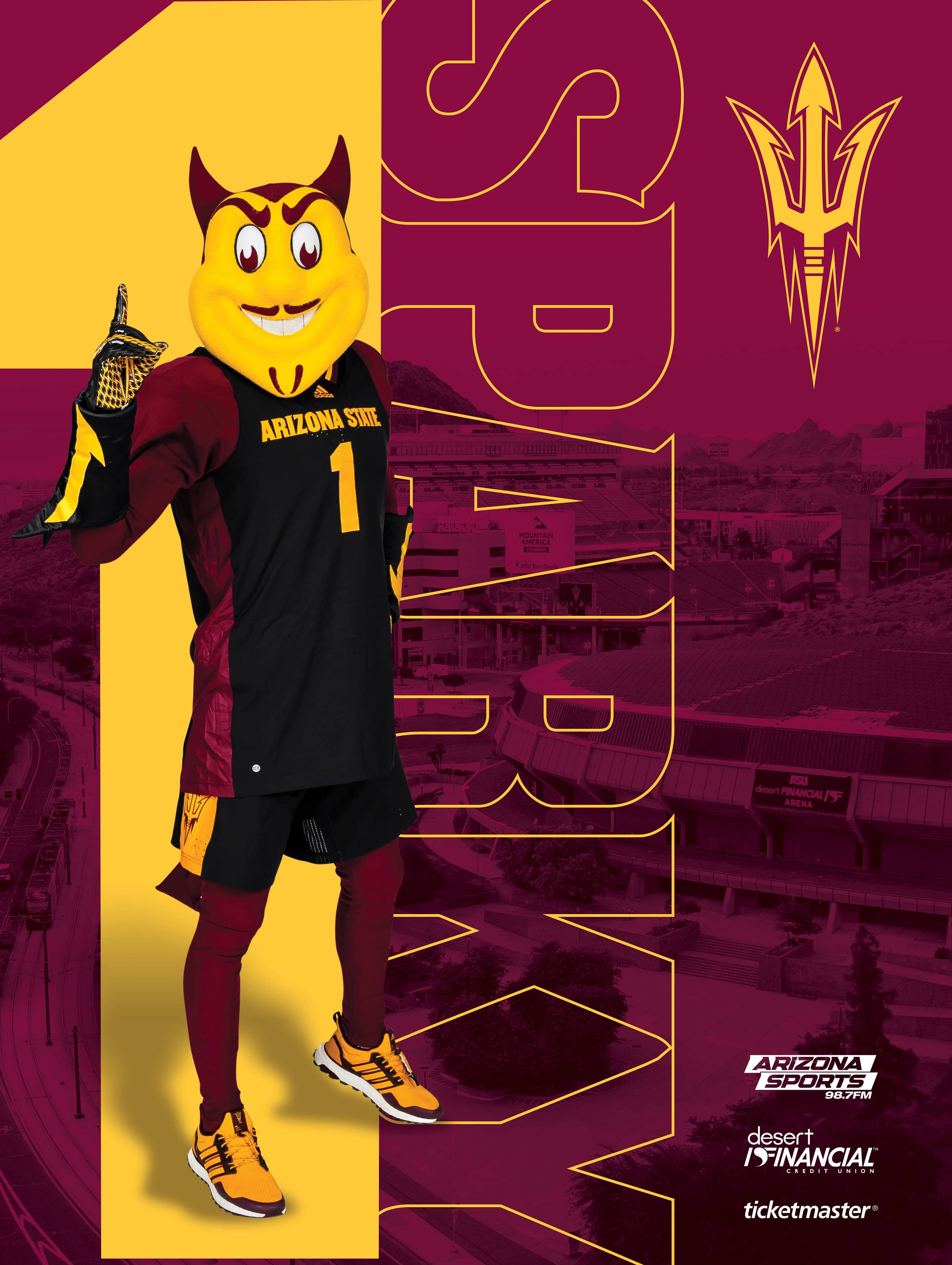 Sparky holding the number one with his finger on a background of Desert Financial Arena.