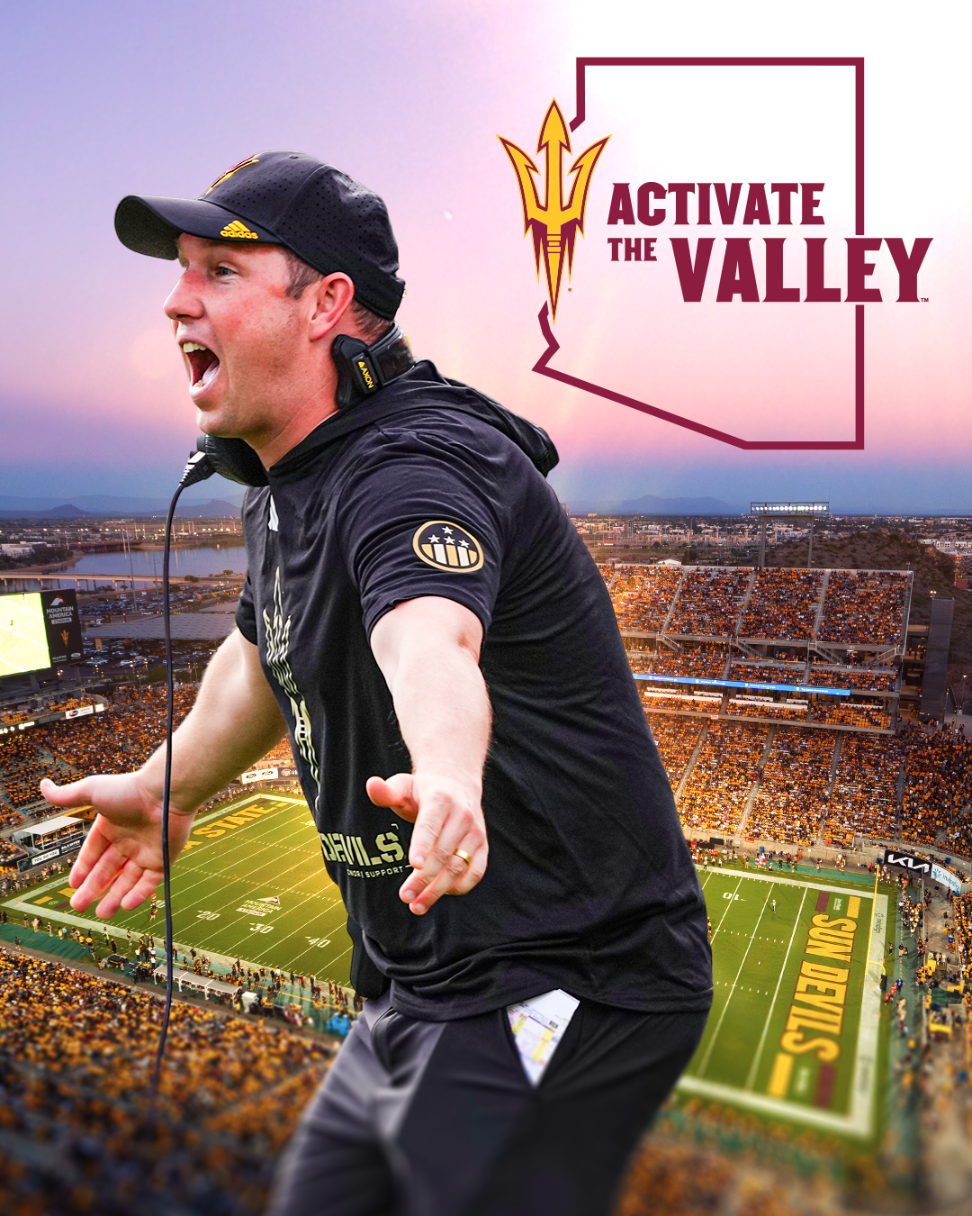Coach Kenny with ASU football yelling with the stadium in the background