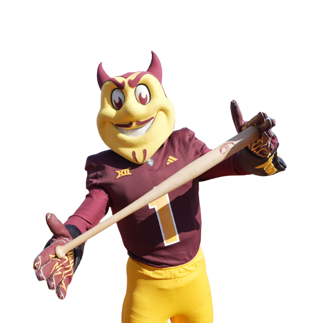 Sparky holding the softball mini bat