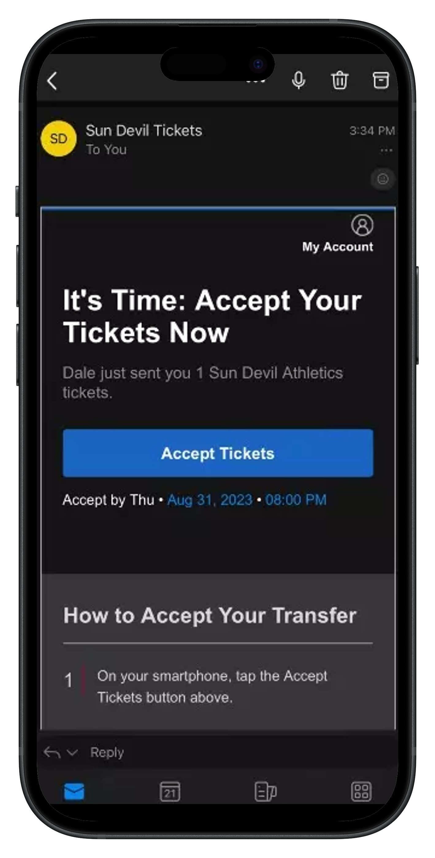 Screenshot of email titled accept your tickets now with Accept tickets button