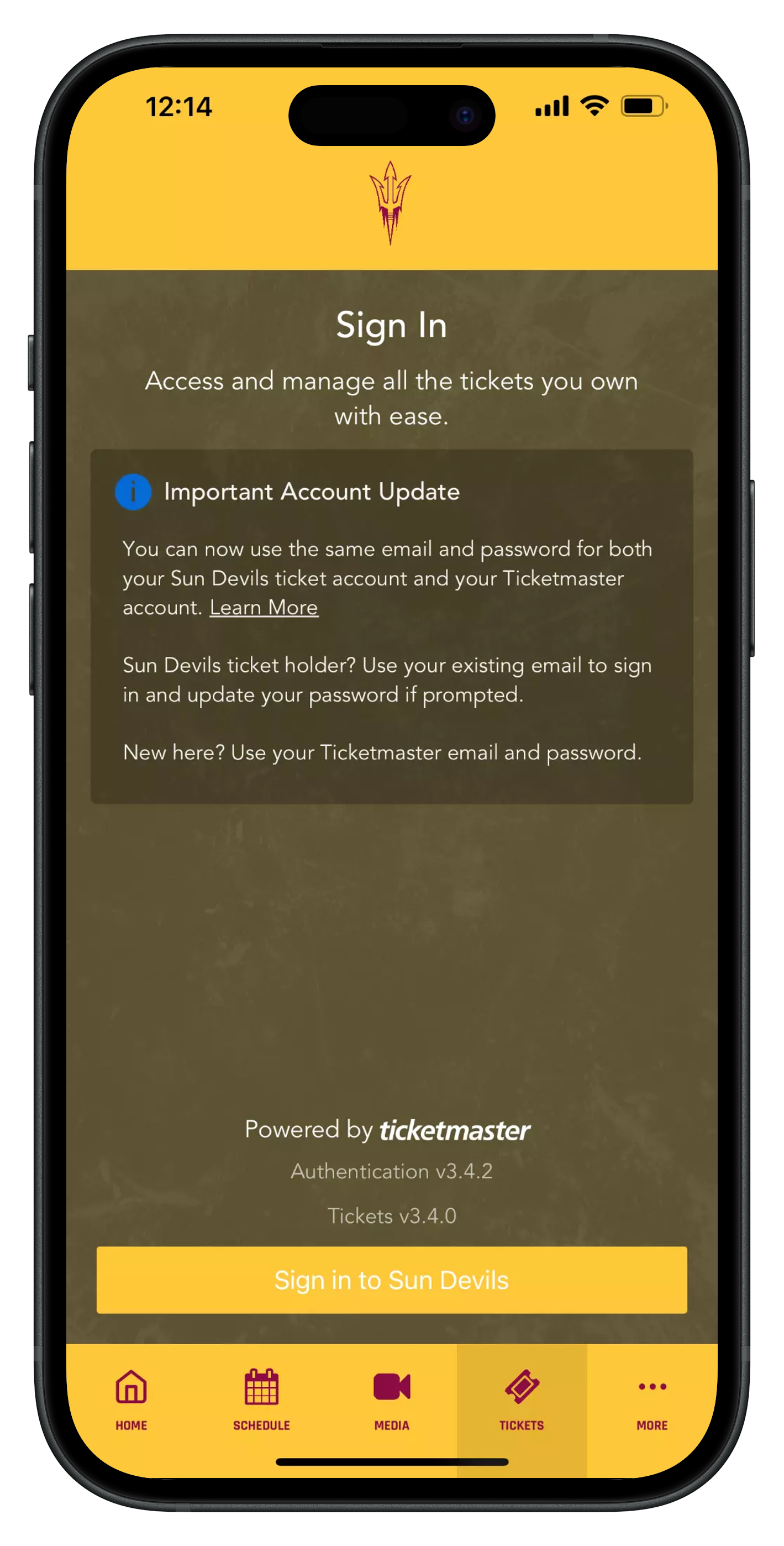 Sun Devil Game Day app Tickets screen showing Ticketmaster sign in