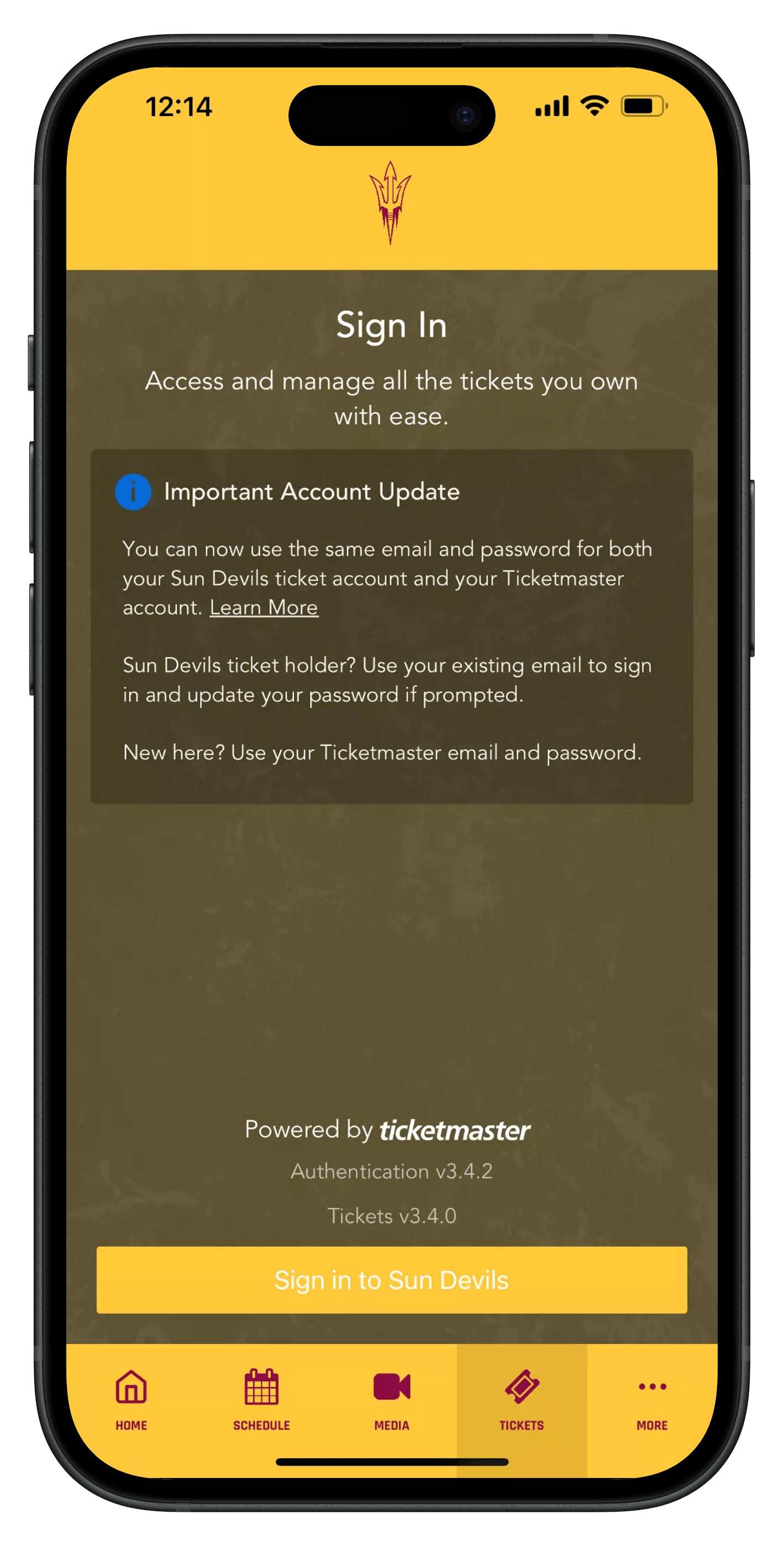 Sun Devil Game Day app Tickets screen showing Ticketmaster sign in