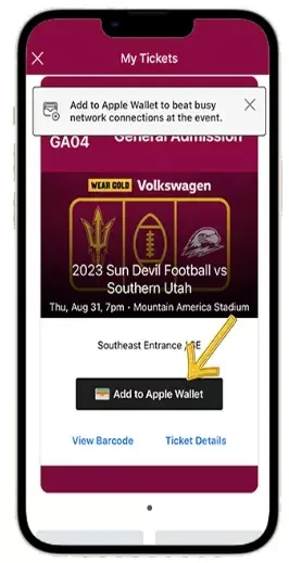 Sun Devil Athletics app screen showing button to Add to Apple Wallet