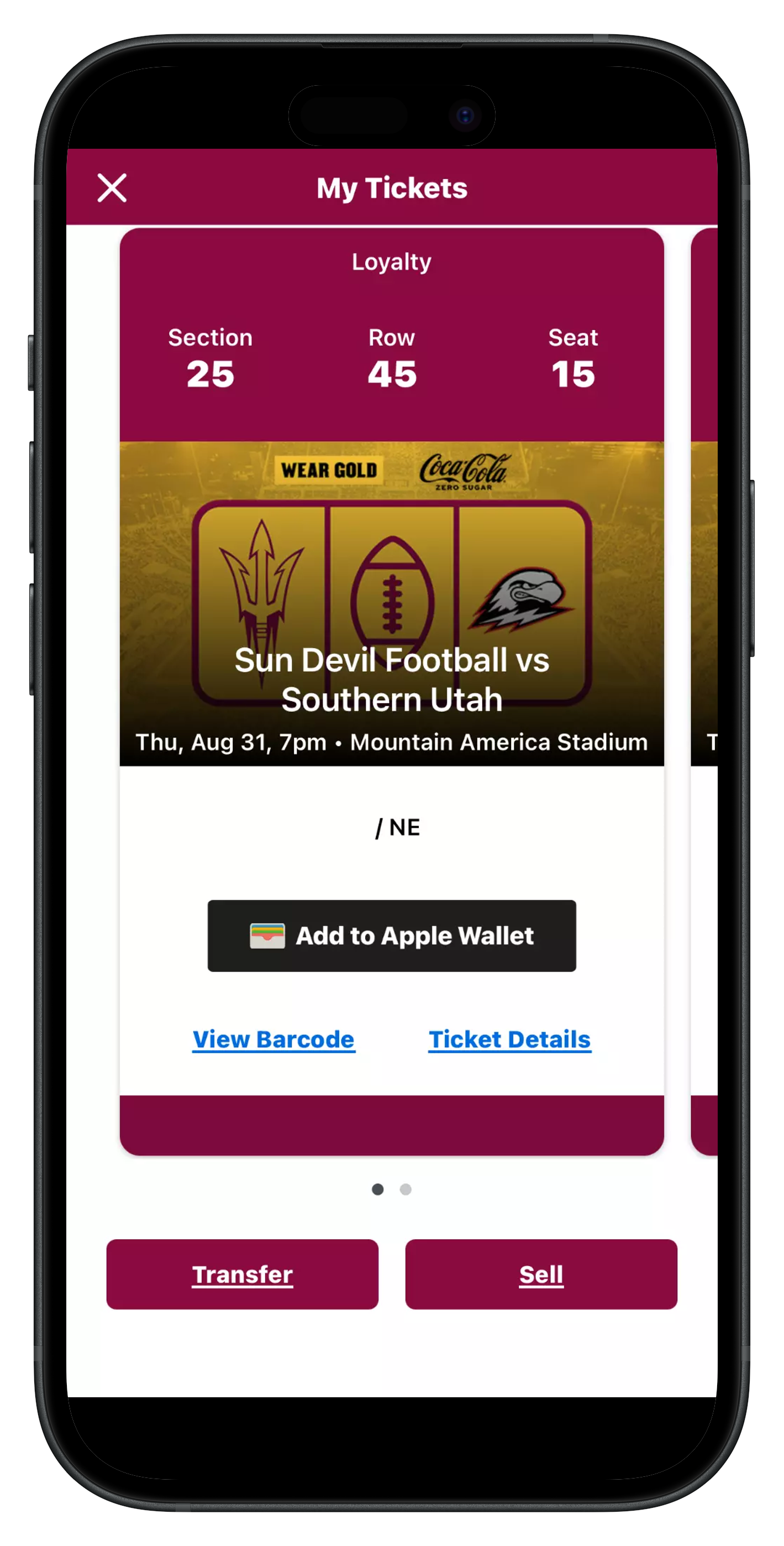 Sun Devil Game Day app showing game ticket and sell button in bottom right