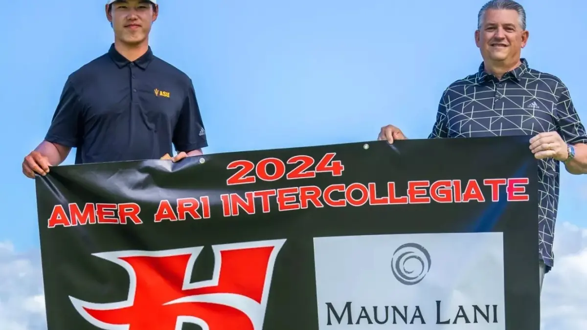 male golfer and man holding golf banner male golfer and man holding golf banner