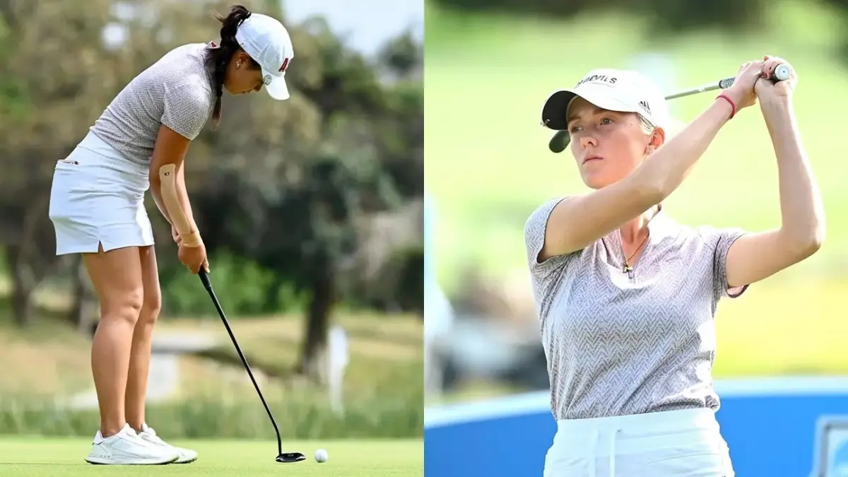 Photo by: Tim Cowie - Tim Cowie Photography two woman golf players swinging golf club